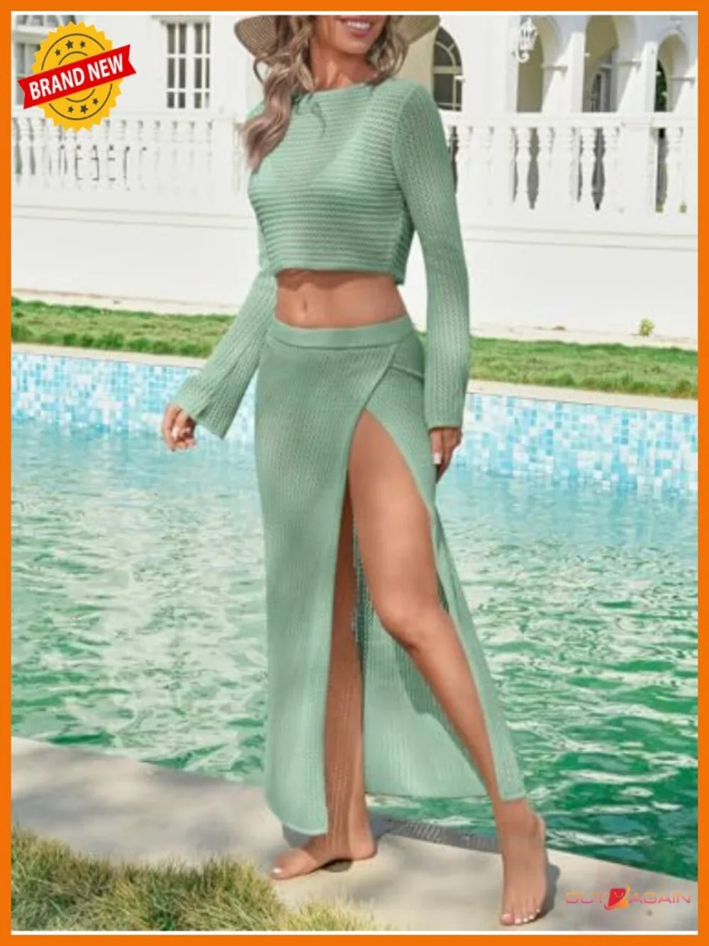 Crochet 2 Piece Beach Cover Up Set - Boat Neck Crop Top & Maxi Skirt